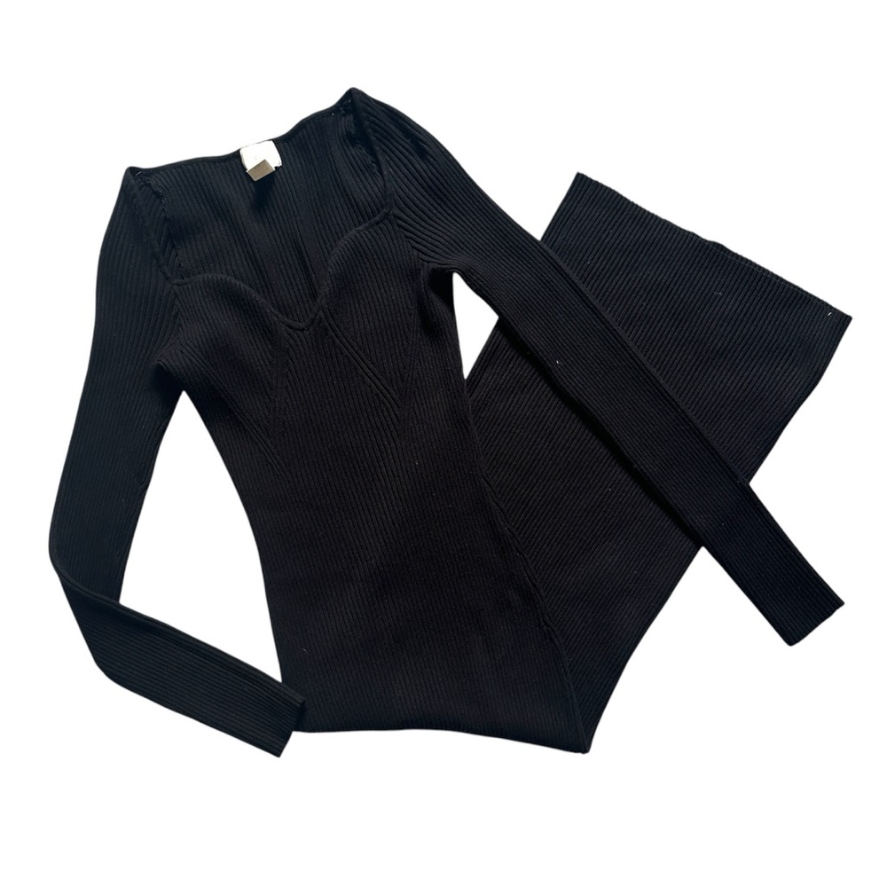 H&M Ribbed Sweetheart Long Sleeve Midi Bodycon Dress Black Size‎ L